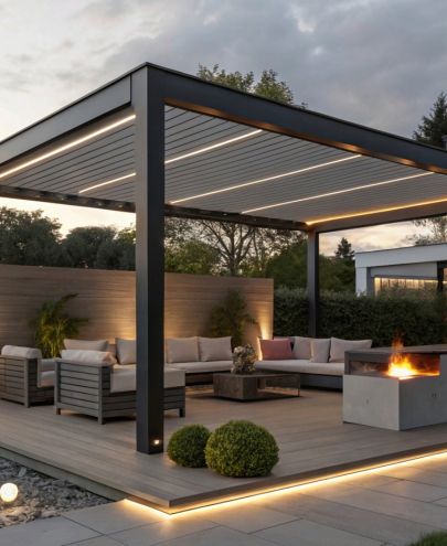 Pergola bioclimatique avec éclairage LED intégré sur terrasse à Lyon