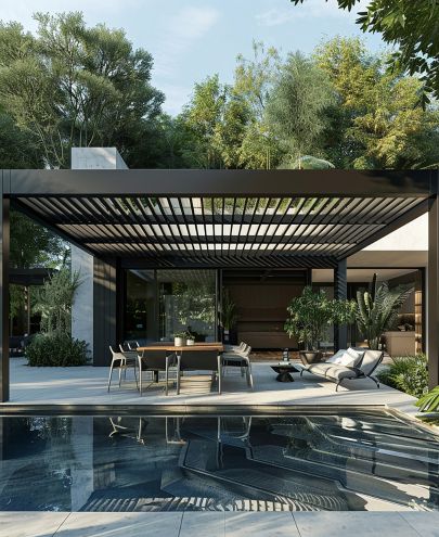 Installation de pergola bioclimatique en aluminium au bord d'une piscine à Lyon