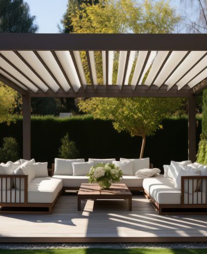 Pose de pergola bioclimatique sur mesure abritant un salon de jardin à Lyon