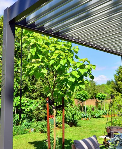 Pergola bioclimatique en aluminium à lames orientables installée dans un jardin à Lyon