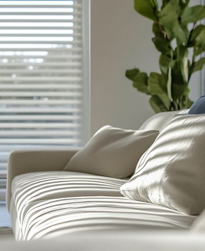 Pose de store intérieur sur mesure filtrant la lumière dans un salon à Lyon