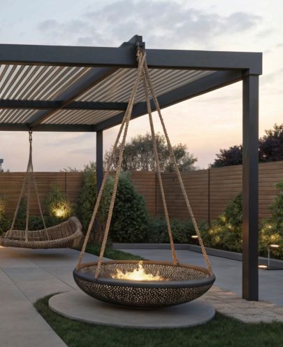 Aménagement d'extérieur avec pergola bioclimatique contemporaine sur mesure à Lyon